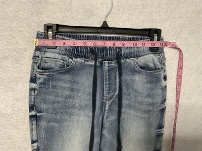 Elite Jeans Jogger Pants Womens 3/4 Blue Drawstring Elastic Waist Denim