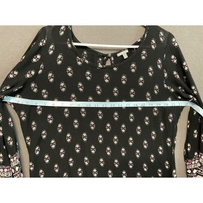 Charlotte Russe Boho Floral Print Knee Length Dress M Black Pink Bell Sleeves