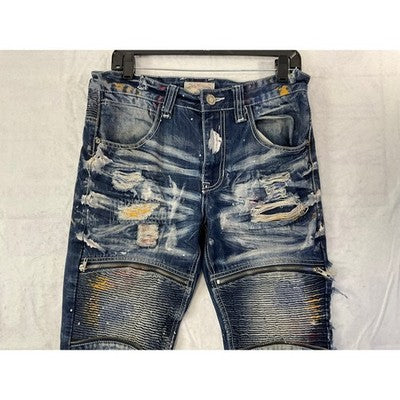 Smoke Rise Moto Jeans Men 32 Blue Distressed Paint Splatter Biker Denim Grunge