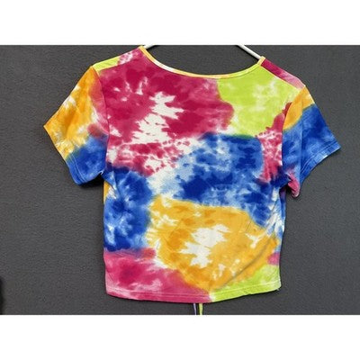 AQ Sport Shirt Shorts Set Womens Large Tie Dye Rainbow Crop Top Lounge Two Piece