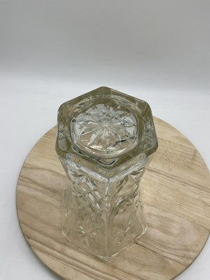 Clear Pressed Glass Flower Vase Starburst Pattern Hexagon VTG Decor Centerpiece