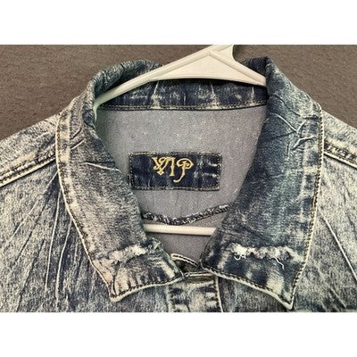 VIP Acid Wash Denim Jacket M Retro 80's Style Grunge Distressed Long Sleeve