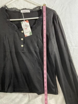 KOMEIANA T-Shirt Womens L Black Henley Long Sleeve Lace Trim Stretch Jersey