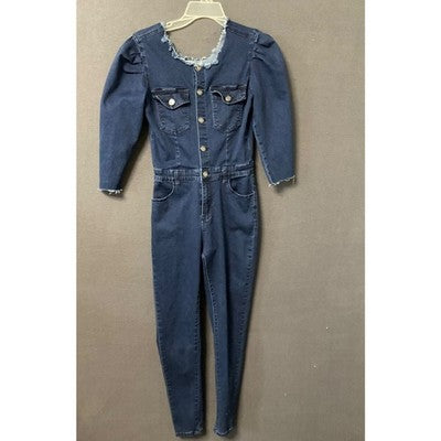 Women's Blue Denim Button-Up Jumpsuit S Fringe Collar Long Sleeve Retro 90's