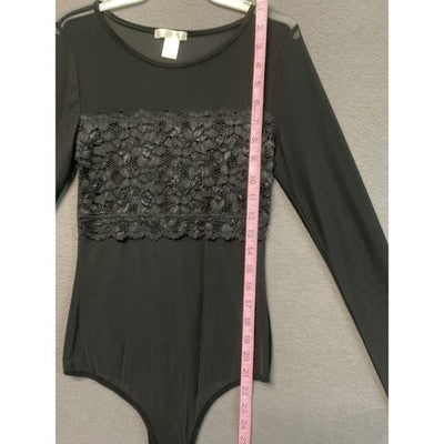 Soho Apparel Bodysuit Womens Small Black Long Sleeve Lace Floral Sheer Stretchy