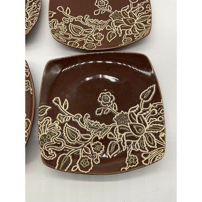 Jaclyn Smith Square 7" Plates Set of 6  Brown Floral Stoneware Salad Dessert
