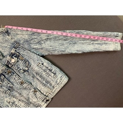 VIP Acid Wash Denim Jacket M Retro 80's Style Grunge Distressed Long Sleeve