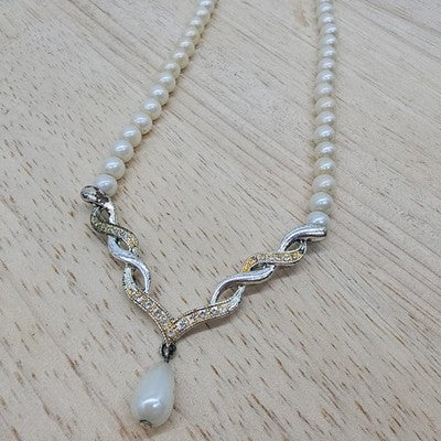 Necklace White Imitation Pearl Teardrop Pendant Rhinestone 20 In Lobster Womens