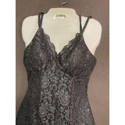 Morgan & Co Formal Gray Glitter Lace Prom Gown SZ 1 Side Slit Lined