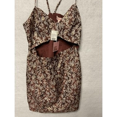 Leyden Dress Womens XL Brown Blossom Jacquard Floral Metallic Mini Cutout New