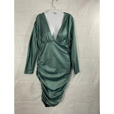 SHEIN Curve Bodycon Dress Womens 0XL Green Metallic Ruched V-Neck Sexy Clubwear