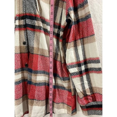 Exclusive Plaid Hooded Shirt Women Large Red White New Checkered Button Up Hoody