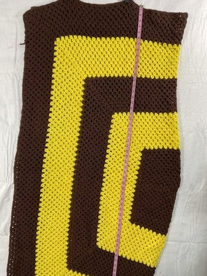Handmade Knit Afghan Throw Blanket 60 In Brown Yellow Geometric Vintage Retro