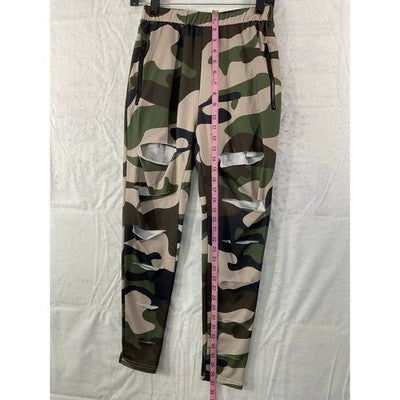 Camo Joggers Women Large Green Distressed Zipper Pocket Streetwear