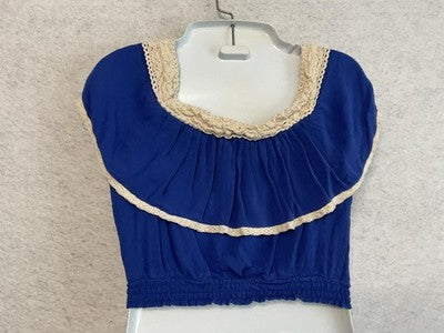 Flying Tomato Blouse Womens Small Blue Crochet Ruffle Tassel Crop Top Boho