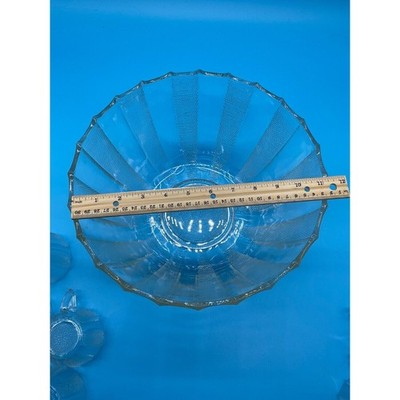 Vintage Glass Punch Bowl & 11 Cups Mid-Century Party Drinkware Textured Clear