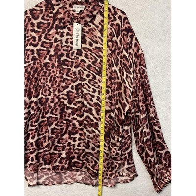 The Drop Blouse Womens 3X Leopard Animal Print Sheer Long Sleeve Button Shirt