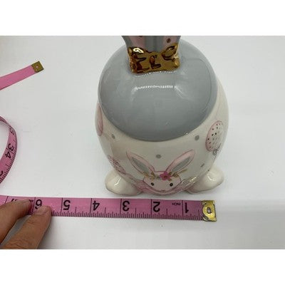 Ceramic Storage Jar Easter Bunny Small White Grey Pink Gold Bow Decor