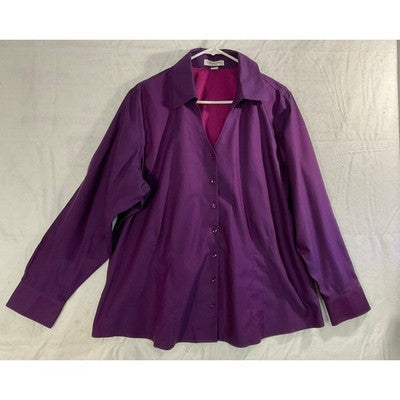 Coldwater Creek Button Down Shirt Womens 2X Purple No Iron Cotton Blouse V-Neck