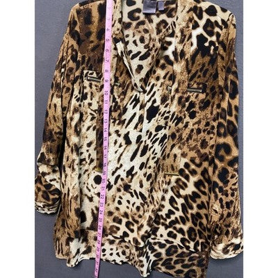 XL Leopard Lightweight Blouse Animal Print Long Sleeve Tie Neck Zip Pockets Chic