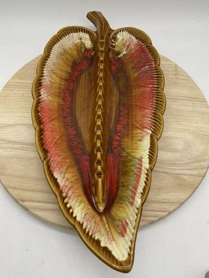 Vintage Maurice Of Calif Leaf Serving Dish Set Brown Red Drip Glaze USA Pottery