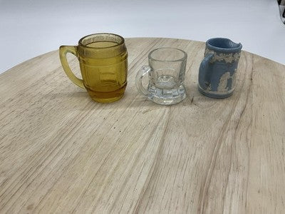 Vintage Wedgwood Shot Glasses Set Of 3 Mini Mugs Blue Clear Amber Glass Handles
