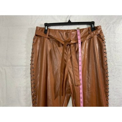 ChicMe Faux Leather Pants Women XL Cognac Brown Studded Tie Waist Trousers