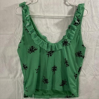 TANKANEO Cami Tank Top Womens Large Light Green Floral Ruffle Bow Lined Stretch