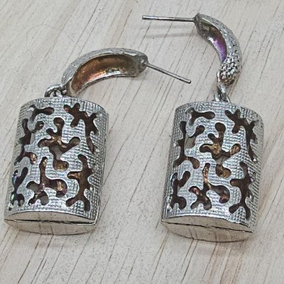 Silver Tone Rectangle Dangle Earrings Womens Rhinestone Floral Drop Jewelry