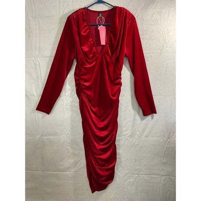 Shein Curve Midi Dress Womens 0XL Red Velvet Ruched V-Neck Bodycon Holiday Party