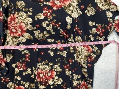 Banabee Shirt Womens 1X Navy Blue Floral Split Sleeve Tunic Blouse Top Boho VTG