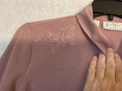 Cathy Che Blouse Womens 12 Pink Collared 3/4 Sleeve Embroidered Stretch Top