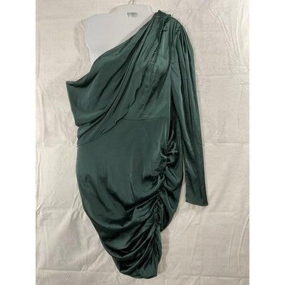 SheIn Dress Womens 1XL Green Satin One Shoulder Ruched Bodycon Party