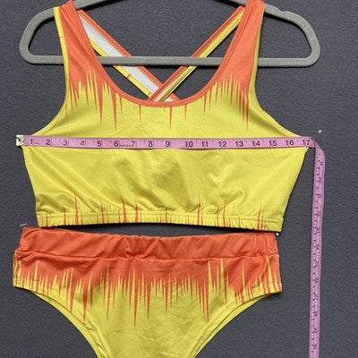 Women's 3Pc Swimsuit XL Yellow Orange Tie Dye Bikini Criss Cross Coverup