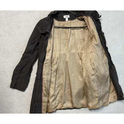 Ann Taylor Loft Trench Coat Womens Medium Gray Twill Ruffle Collar Lined Button