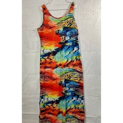 Maxi Dress Womens L Multi-Color Abstract Tie Dye Sleeveless Bohemian