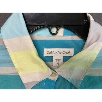 Coldwater Creek XS Button Shirt Striped Cotton Silk Blend 3/4 Sleeve Roll Tab