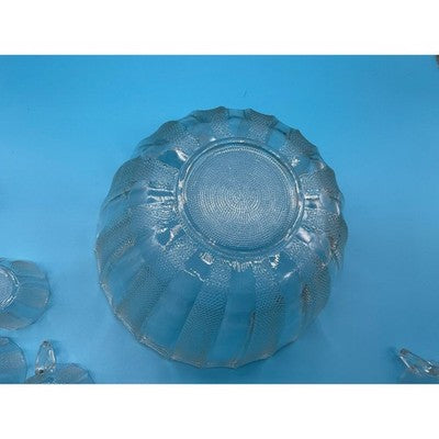 Vintage Glass Punch Bowl & 11 Cups Mid-Century Party Drinkware Textured Clear