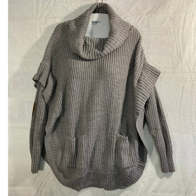 ALYA Cowl Neck Ruffle Poncho Sweater Womens S/M Gray Elbow Patch Pullover