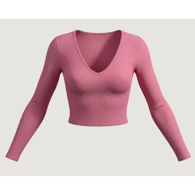 Ribbed Long Sleeve Top Womens Large Pink Notch Neck Cropped Shirt
