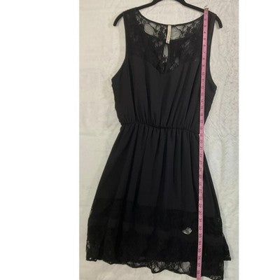 VTG Paper Crane Dress Womens Large Black Lace Trim Sleeveless Mini USA Cocktail
