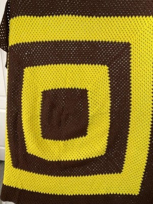 Handmade Knit Afghan Throw Blanket 60 In Brown Yellow Geometric Vintage Retro