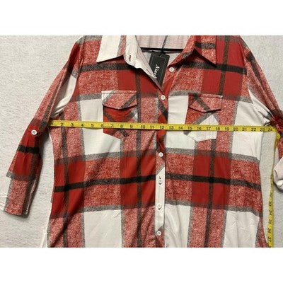 Ninedaily Shirt Womens 2XL Red White Plaid Button Up Tunic Top Pockets Casual