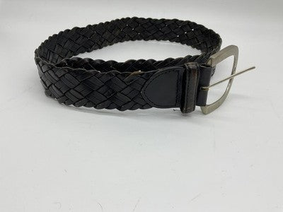 Braided Leather Belt Mens Medium Large Black Solid Brass Buckle Dress Casual