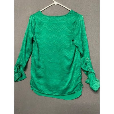 The Limited Chevron Blouse XS Green Roll Tab Sleeves Lined Textured Feminine