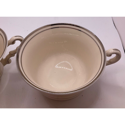Set of 2 Mid-century Old Ivory Syracuse Teacups with Gold Stripes, 2.5in Tall