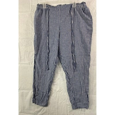 Striped Linen Blend Pants Womens XL Blue White Paperbag Waist Tapered