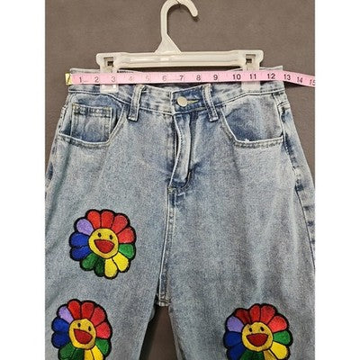 Vintage-Inspired Rainbow Flower Jeans L 25W 27L Straight Leg Ripped/Distressed