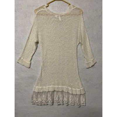 Ethyl Sweater Tunic Womens Large White Sheer Knit Lace Hem Ruffle Boho Top Sheer