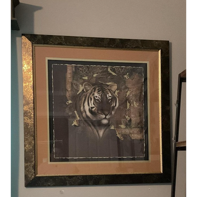 Home Interiors Tiger Portrait Framed Art Print Matted 37x36 USA VTG Animal Print